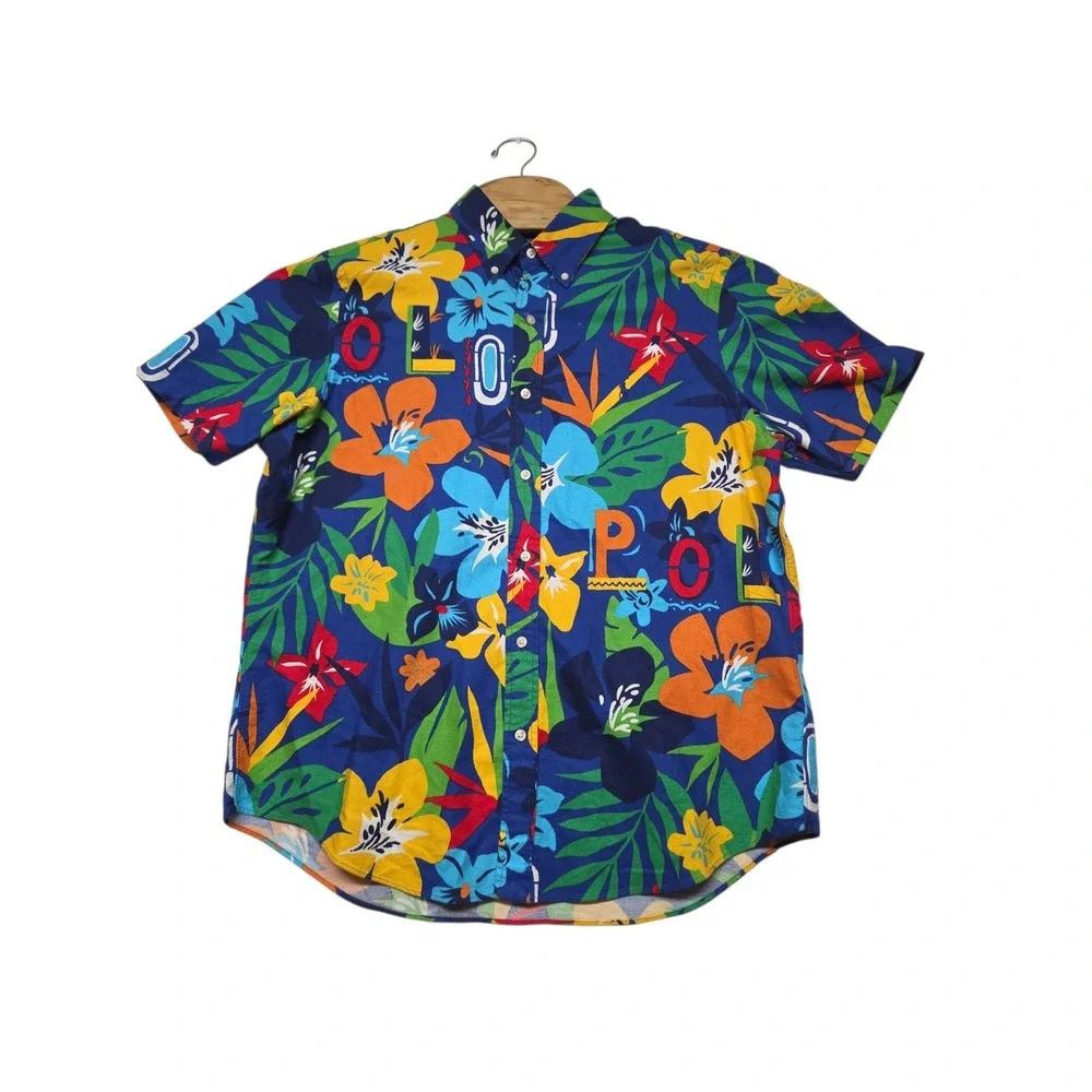 Ralph Lauren Mens Classic Fit Tropical Floral Polo Spellout Linen Cotton Shirt L
